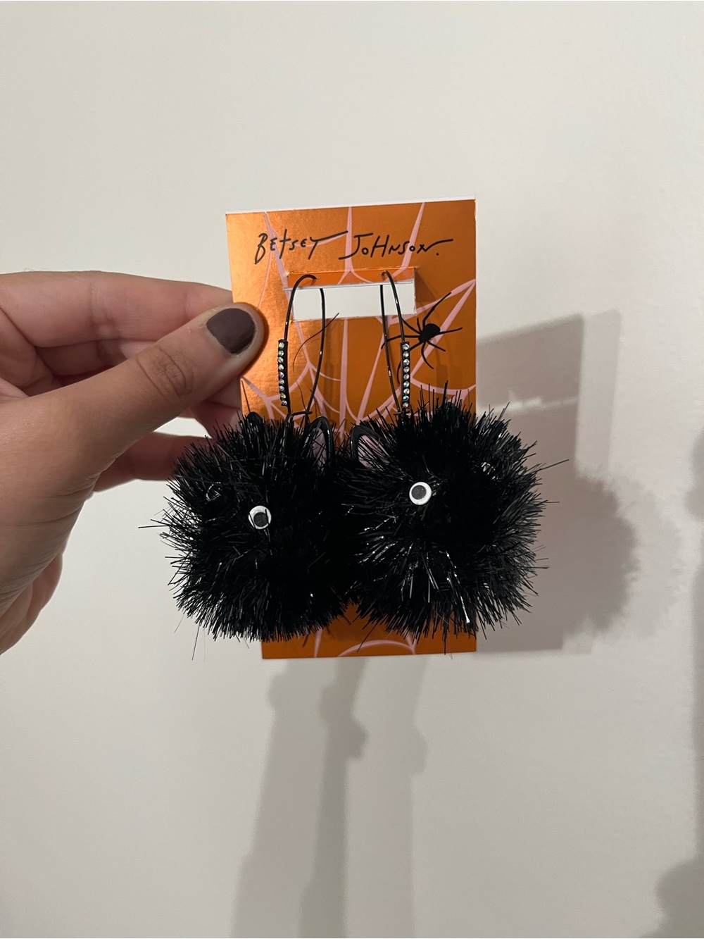 Betsey Johnson Black Kitten Pom-Pom Drop Earrings